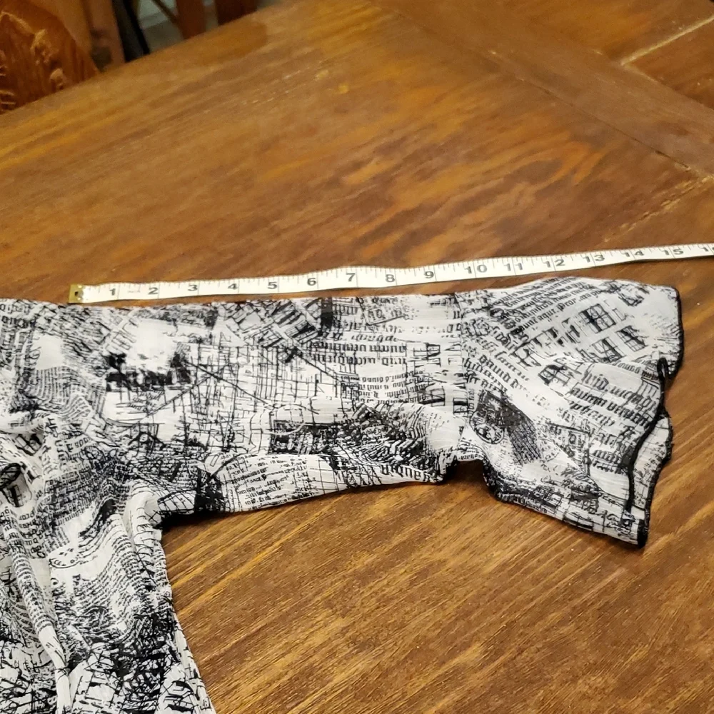 Christopher & Banks Black White Flowy Blouse Newspaper Print Cardigan Sheer Med. - Picture 12 of 16